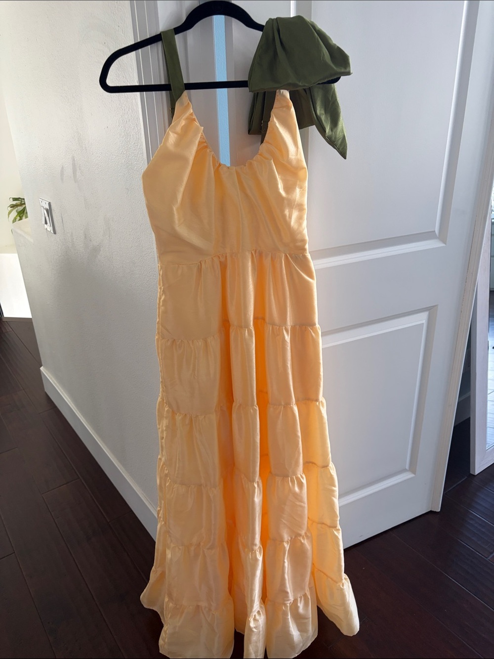 Hutch Peach Tiered Maxi Dress with Olive Strap Accent